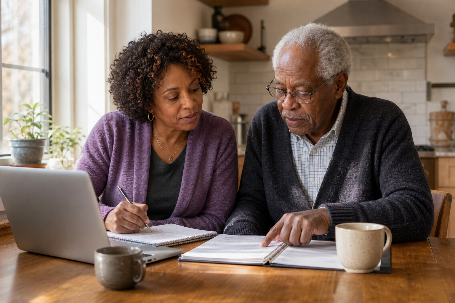 Adult daughter and her father reviewing paperwork at a kitchen table while figuring out how to pay for assisted living.