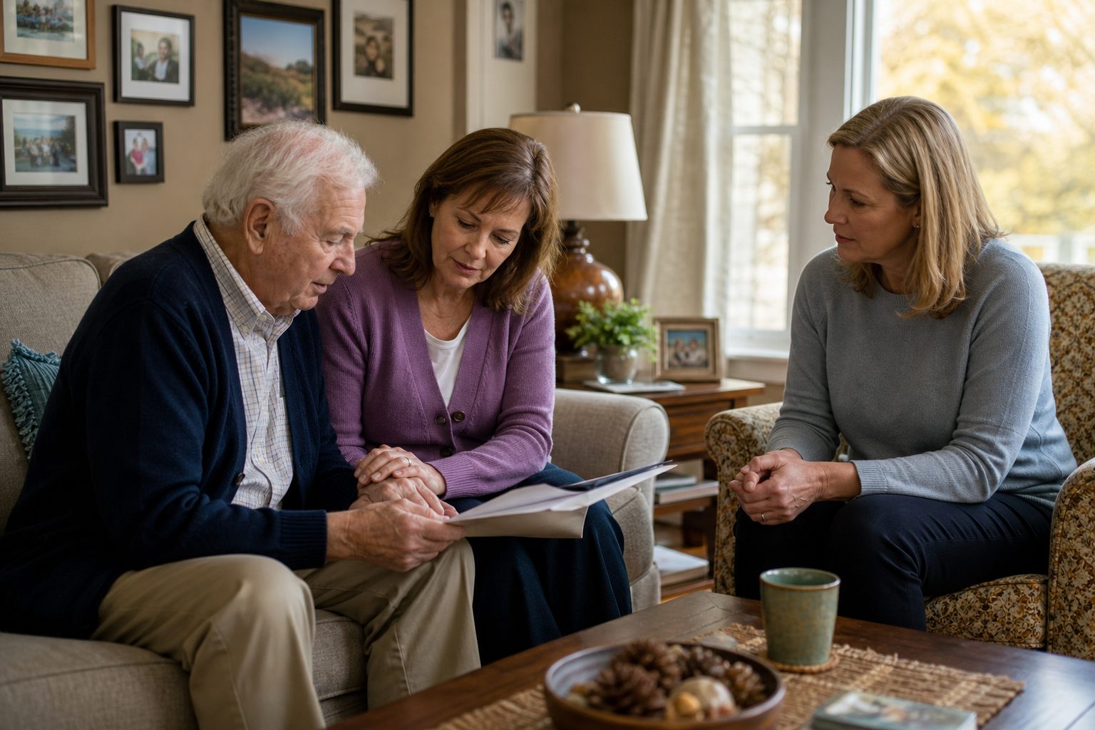Adult daughter and her elderly father review hospice vs palliative care papers at home with a nurse.