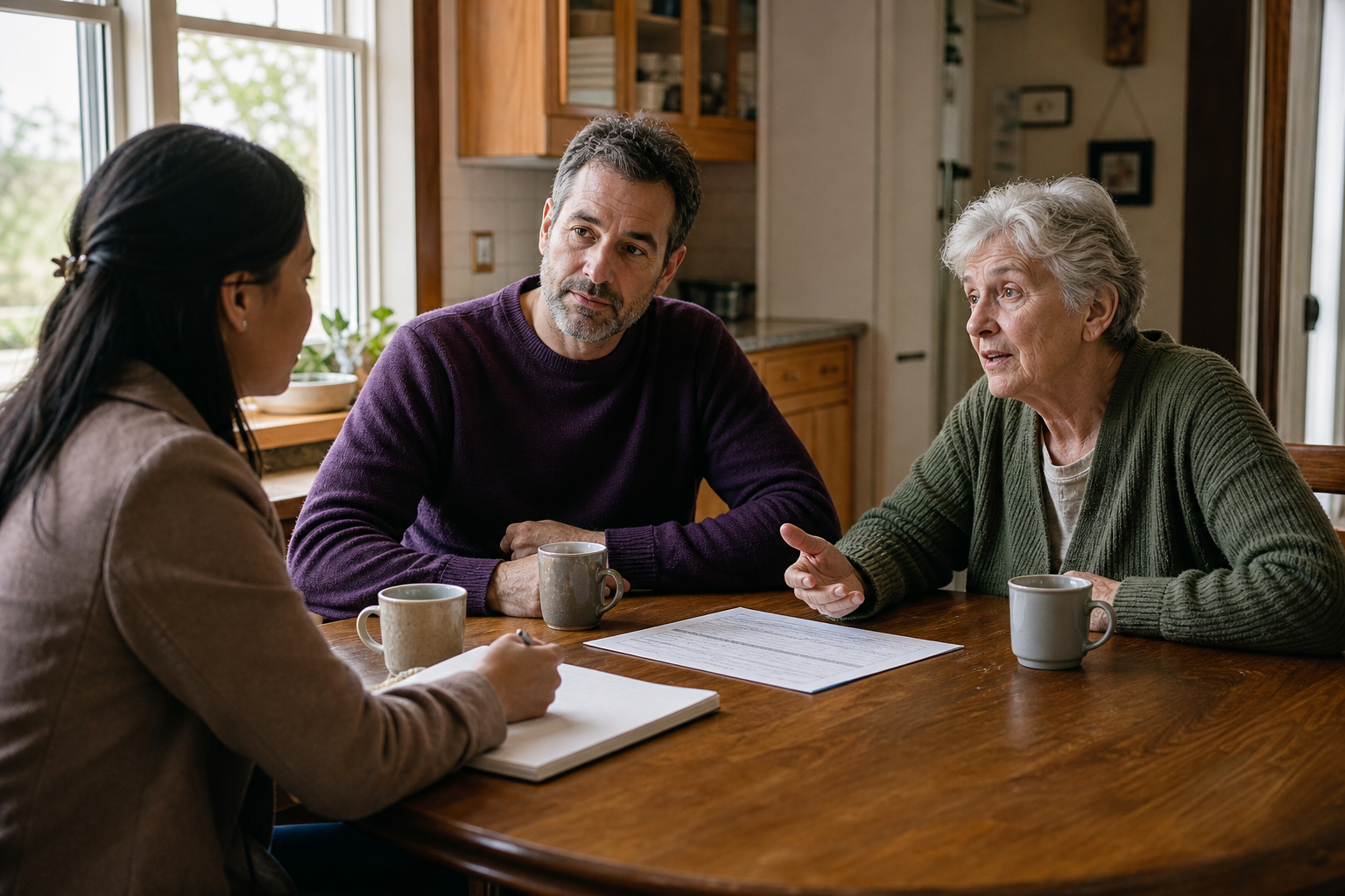 Adult son and his elderly mother interview an in-home caregiver at their kitchen table.