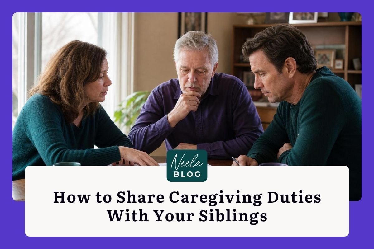 Three middle-aged siblings sit around a wooden table, looking concerned while reviewing documents in a binder and taking notes.