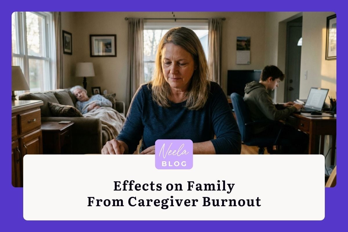 Hyper-realistic lifestyle photograph of a middle-aged woman caregiver sitting at a kitchen table in the early evening, soft natural light coming through a window.