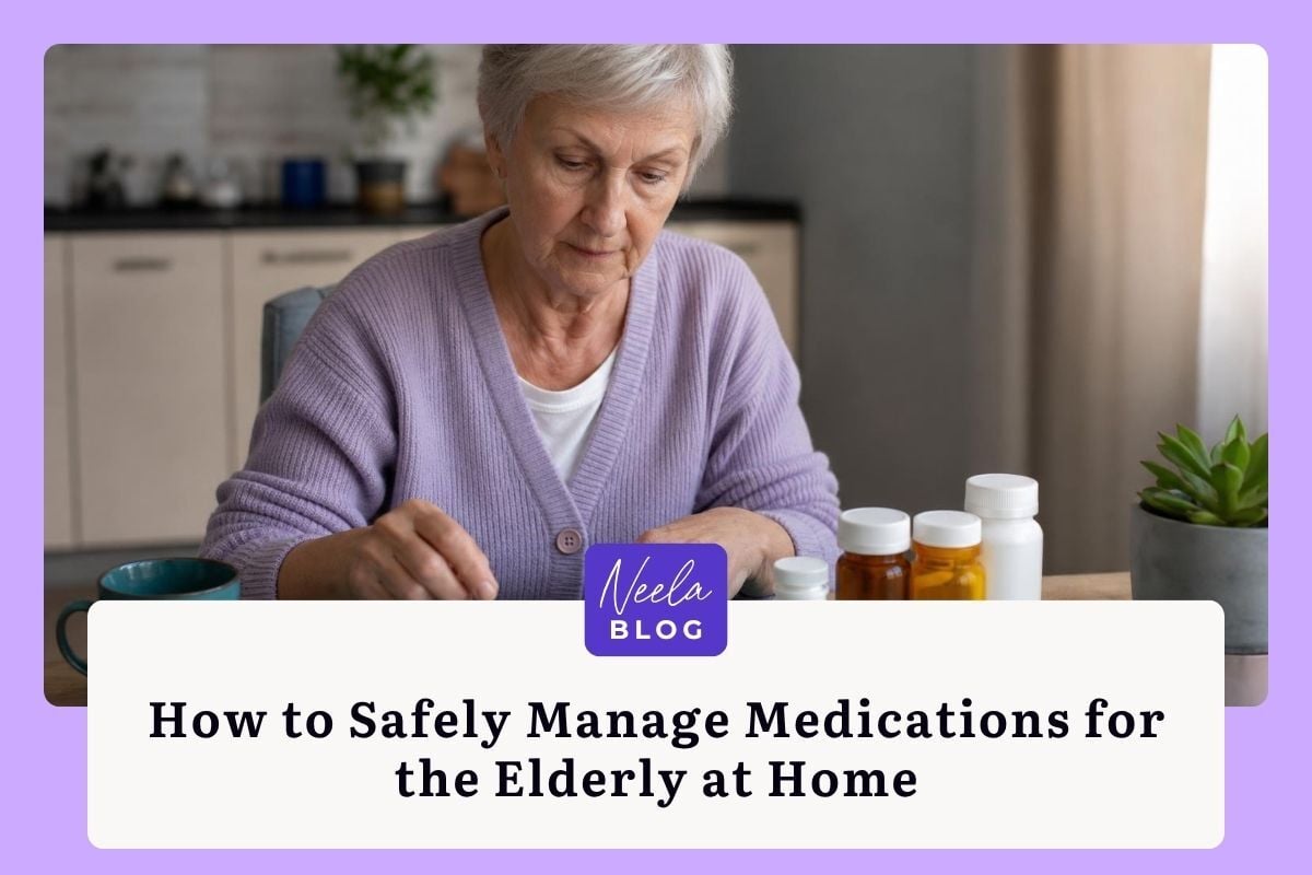 Senior woman in a purple cardigan organizing pills from several bottles into a weekly pill organizer at a kitchen table.