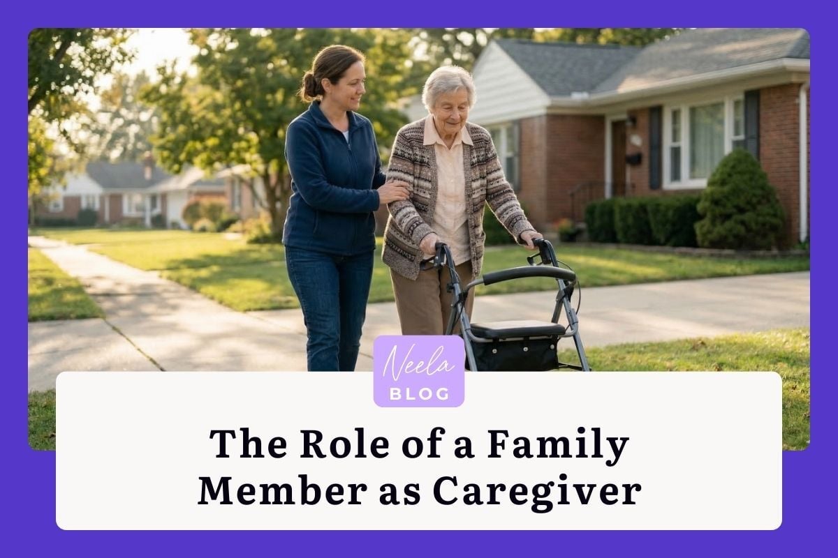 Adult daughter supporting her elderly mother walking with a walker on a suburban sidewalk, illustrating family caregiving at home