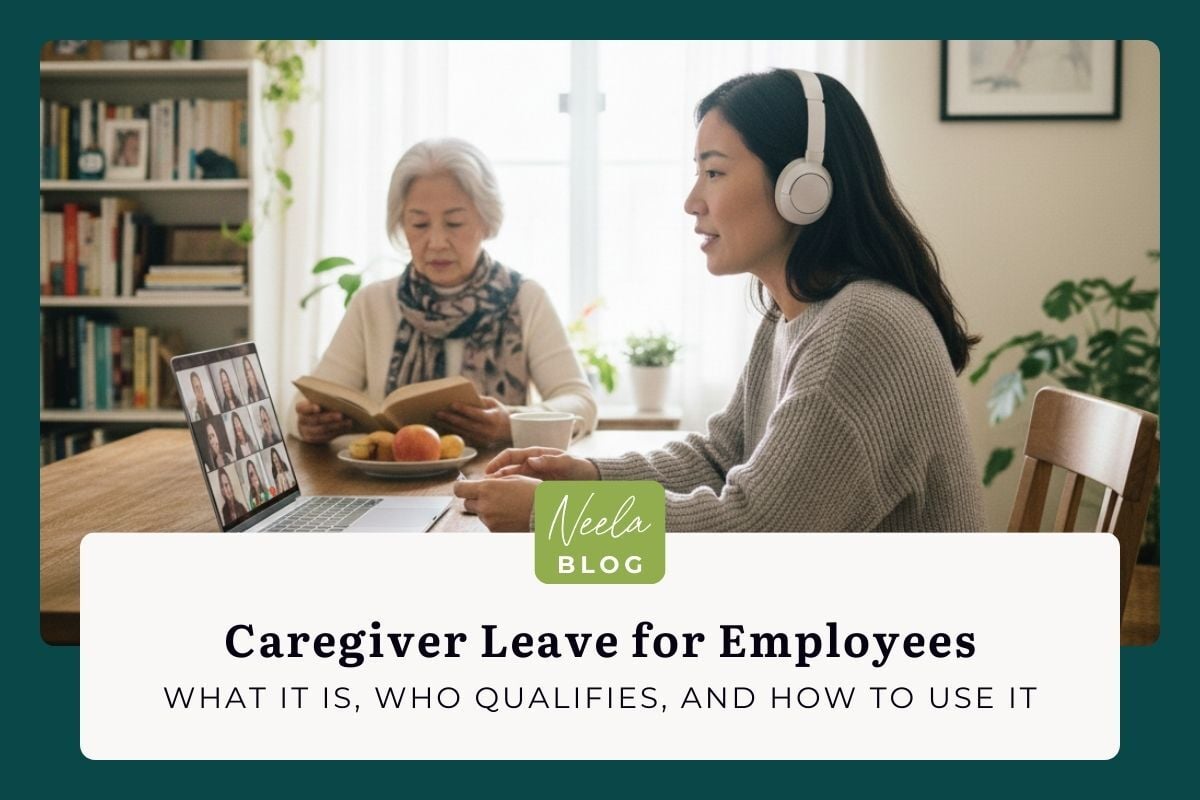 A woman working from home on a video call while her aging mother sits nearby reading, illustrating caregiver leave and support for working caregivers.