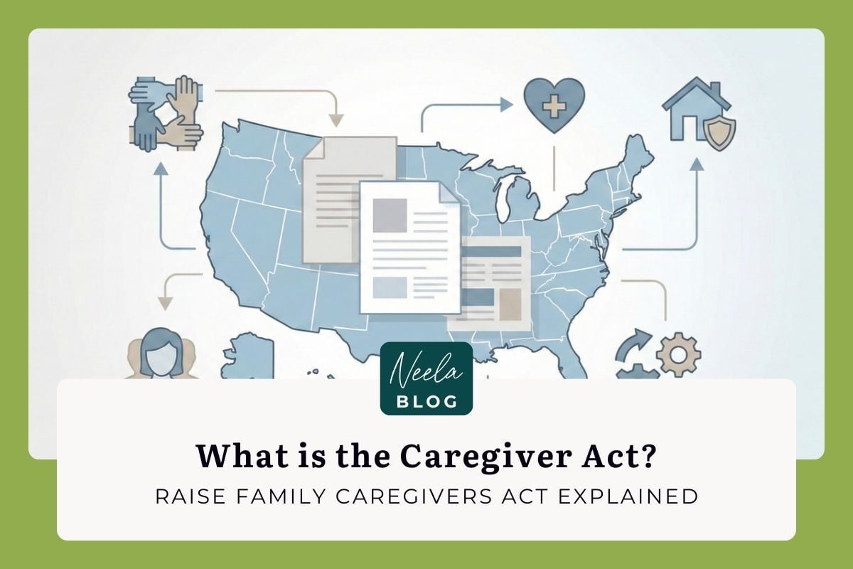 Illustration of the United States map with layered document icons and symbols representing caregiving, health support, and home care, used to explain the RAISE Family Caregivers Act.