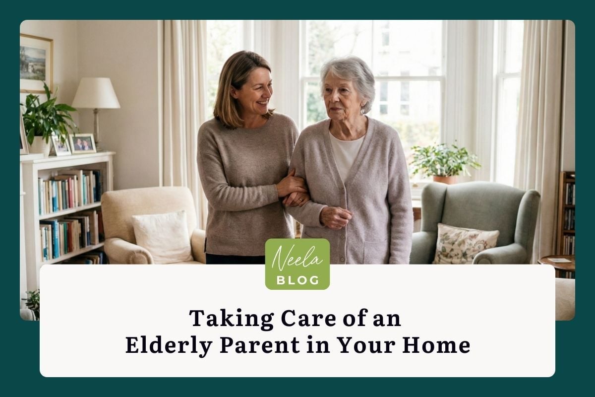 Adult daughter gently supporting her elderly mother as they walk together in a bright, comfortable living room at home.