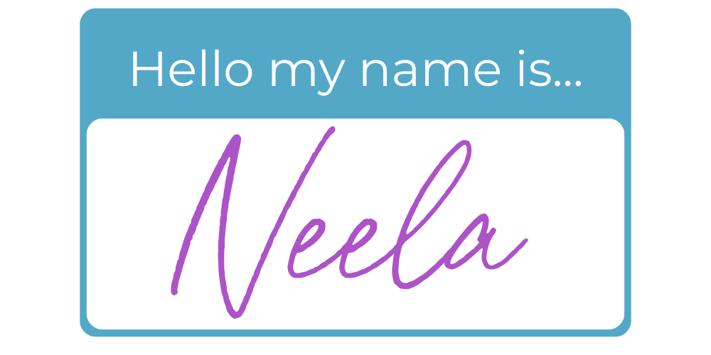 Hello my name is Neela name tag in purple script