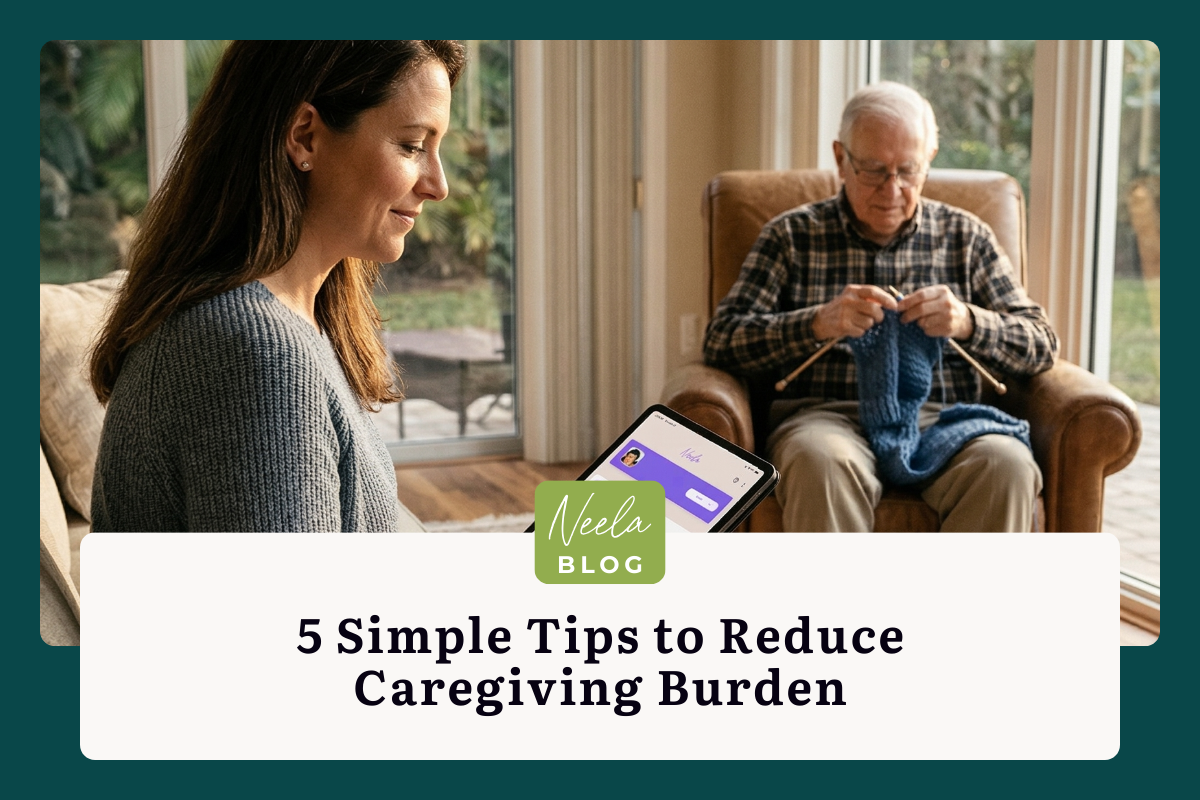 Caregiver using a tablet to manage care tasks while an elderly parent sits comfortably nearby knitting in a bright living room, illustrating organized and supportive caregiving at home.