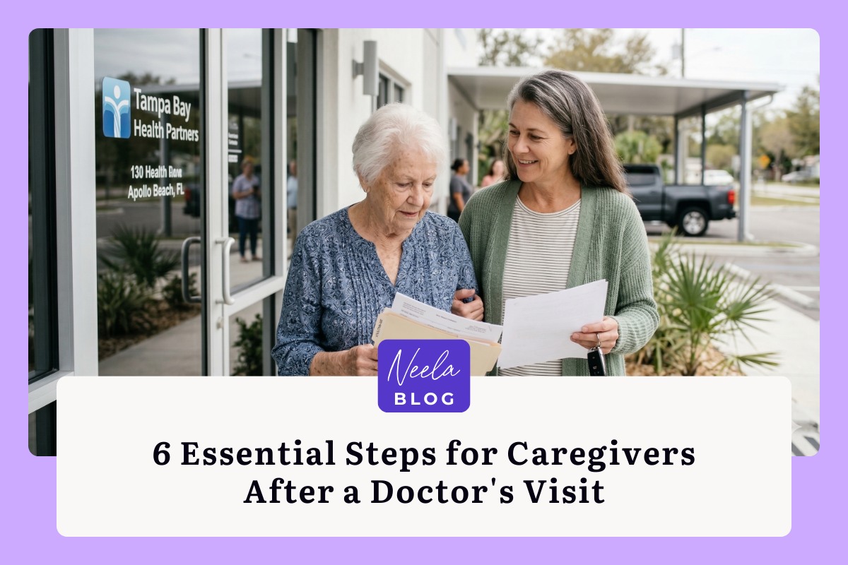 Caregiver walking with her elderly mother outside a medical clinic while reviewing appointment paperwork together after a doctor’s visit.