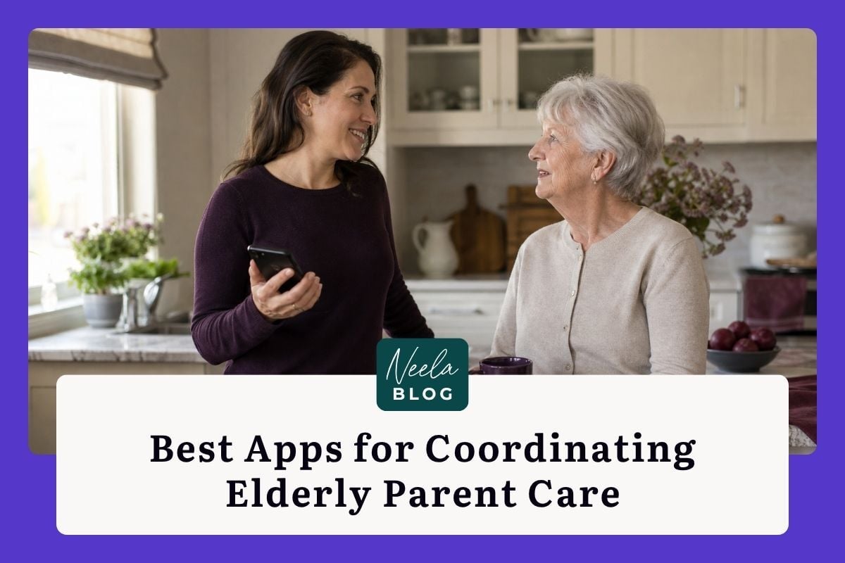 Adult daughter holds her phone while talking with her mother in a sunlit kitchen