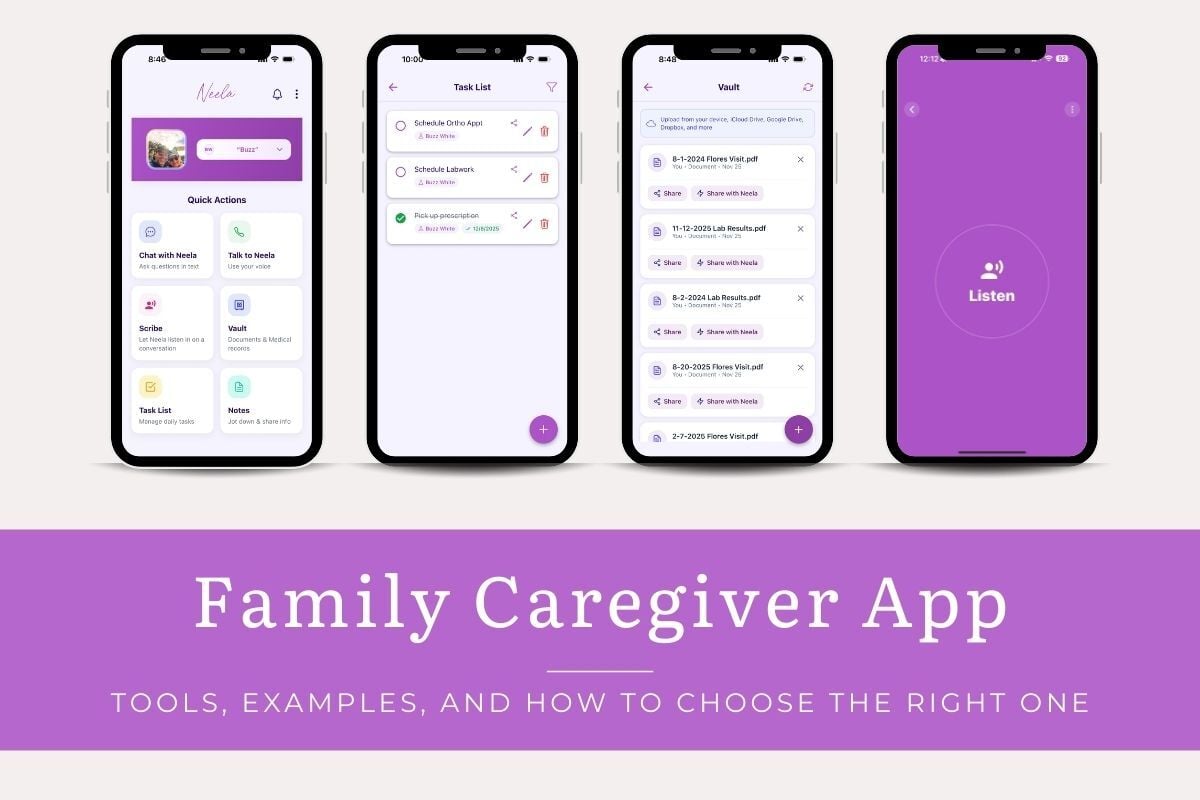 Four smartphone screens show the Neela family caregiver app with quick actions, a shared task list, a document vault for medical records, and a “Listen” feature, above the title “Family Caregiver App: Tools, Examples, and How to Choose the Right One.