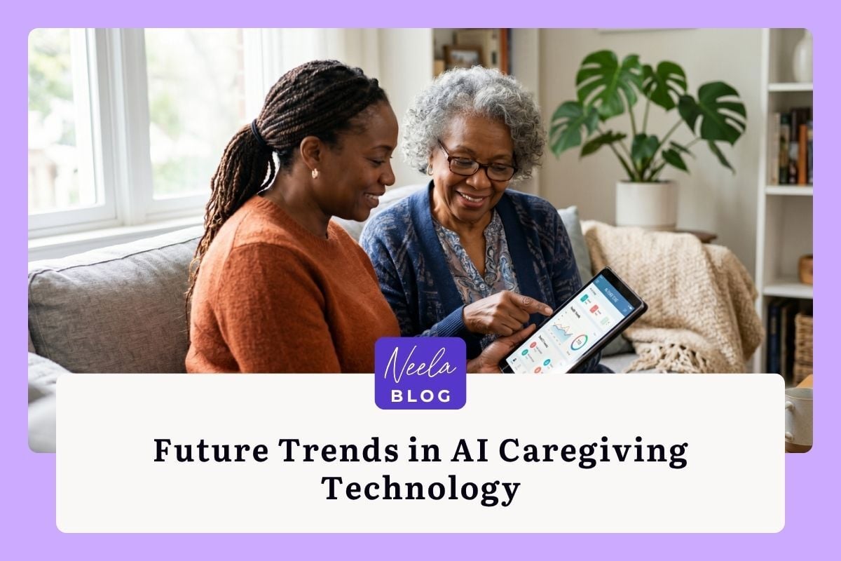 Senior woman and daughter using a tablet to monitor AI caregiving technology and digital health trends at home.