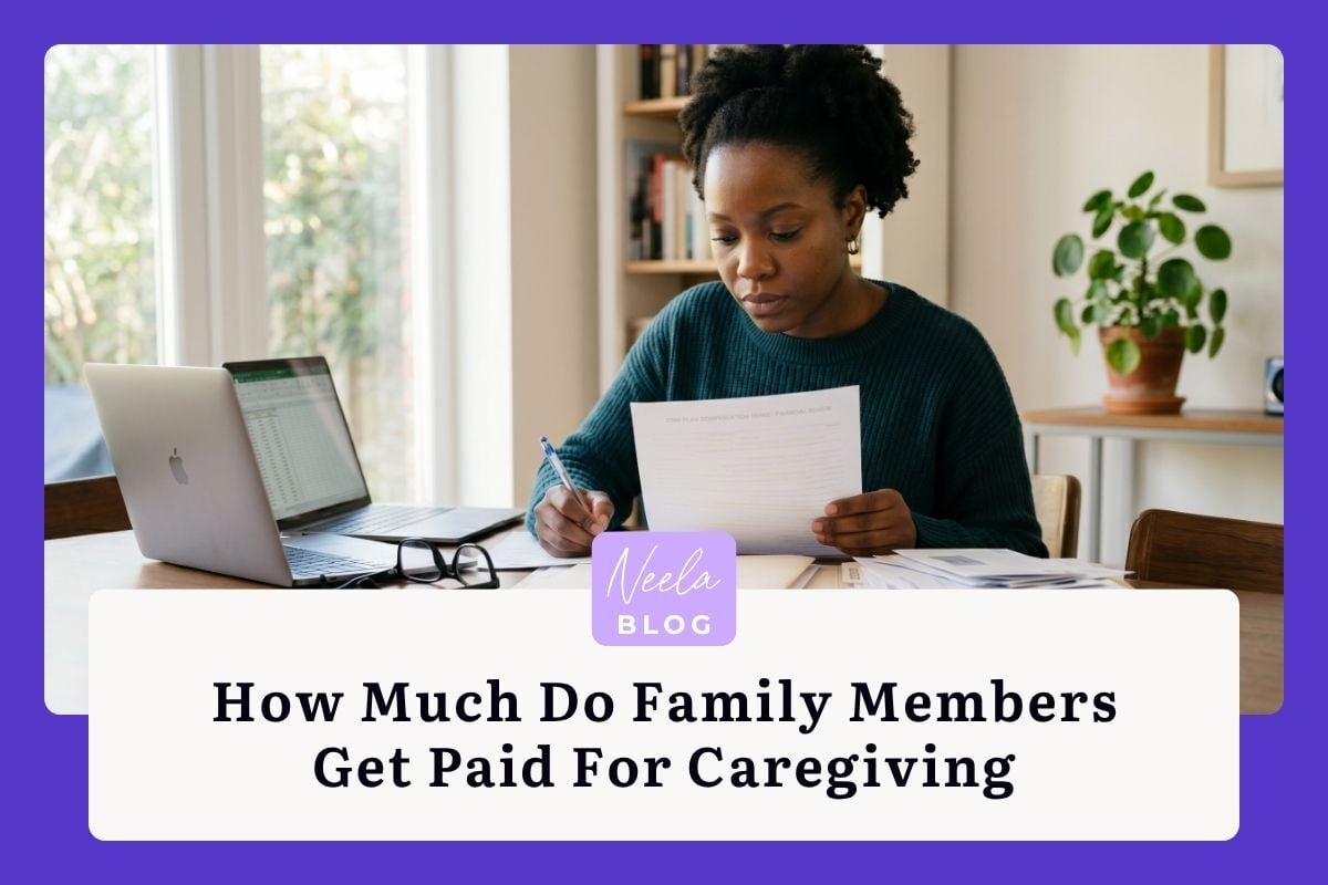 Female caregiver reviewing financial paperwork and documents regarding family caregiving payment and compensation.