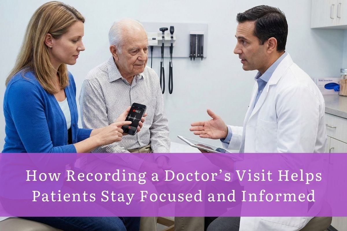 An elderly patient and a caregiver listen as a doctor discusses care during an appointment, with the caregiver using a smartphone to record the visit for later reference.