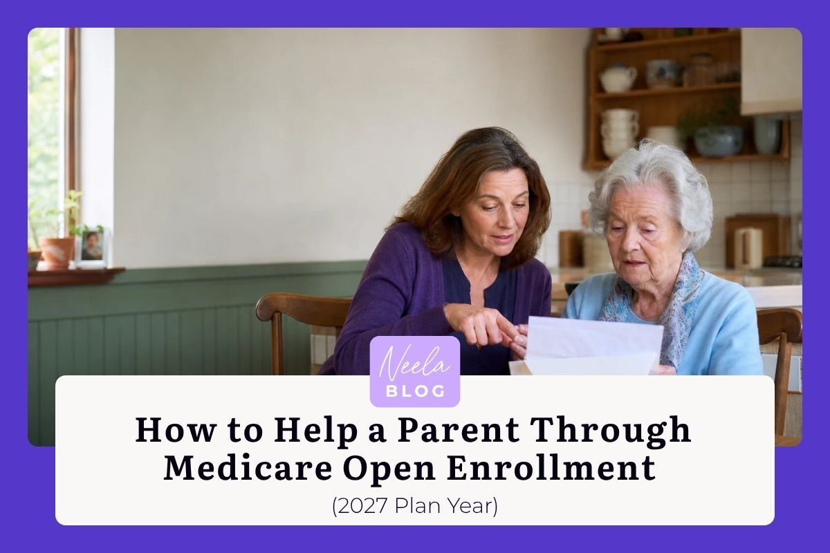 Adult daughter helps her mother review a Medicare Annual Notice of Change letter at the kitchen table during open enrollment.