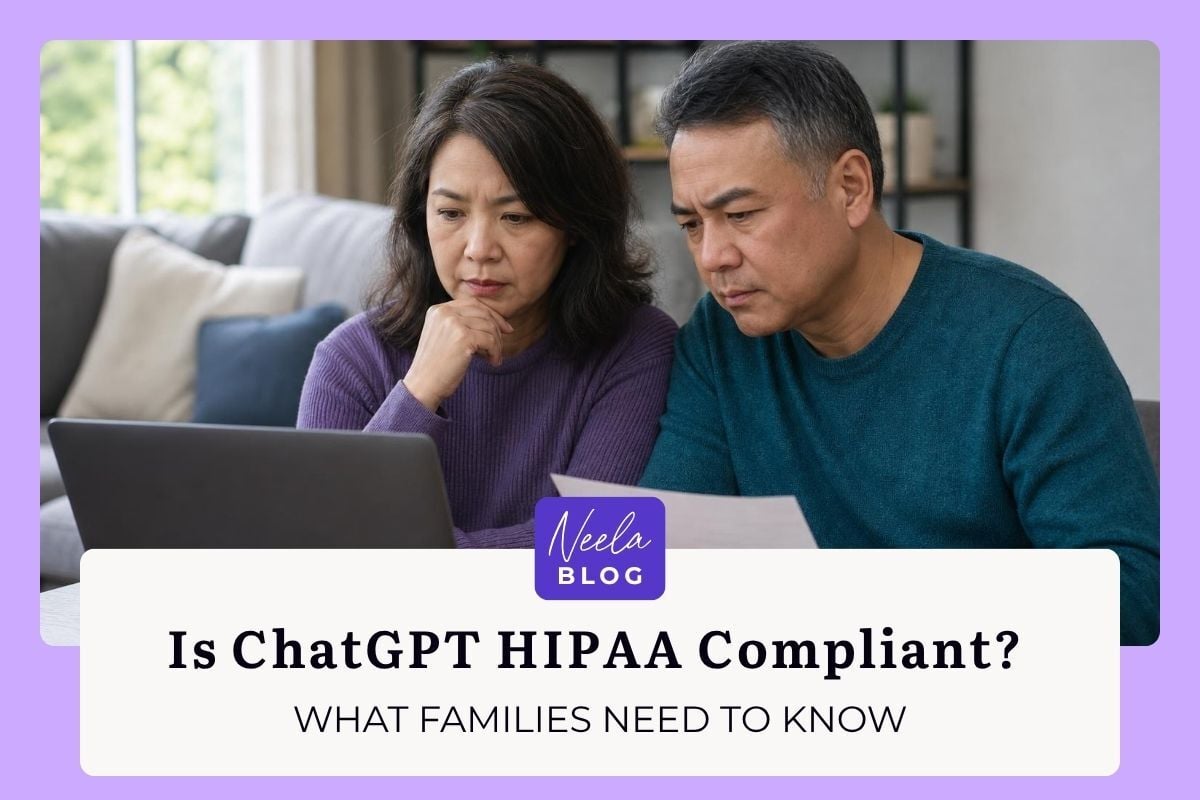 Concerned middle-aged Asian couple looking at a laptop and a paper document while sitting at a table in a living room.
