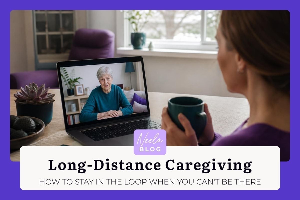 Woman holding a mug while video chatting on a laptop with an elderly woman in a teal sweater.