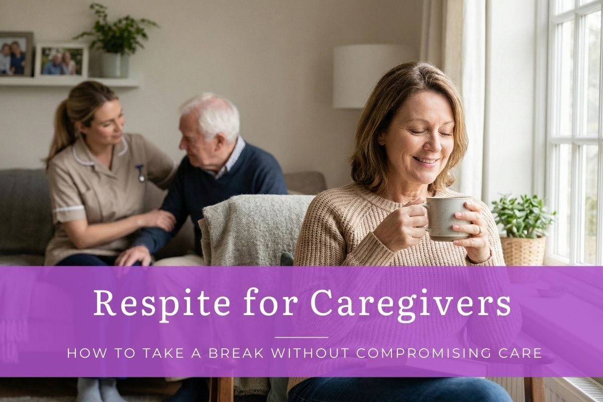 A woman caregiver sits by a window enjoying a cup of tea while a professional caregiver supports an older man in the background, illustrating respite care in a warm home setting.