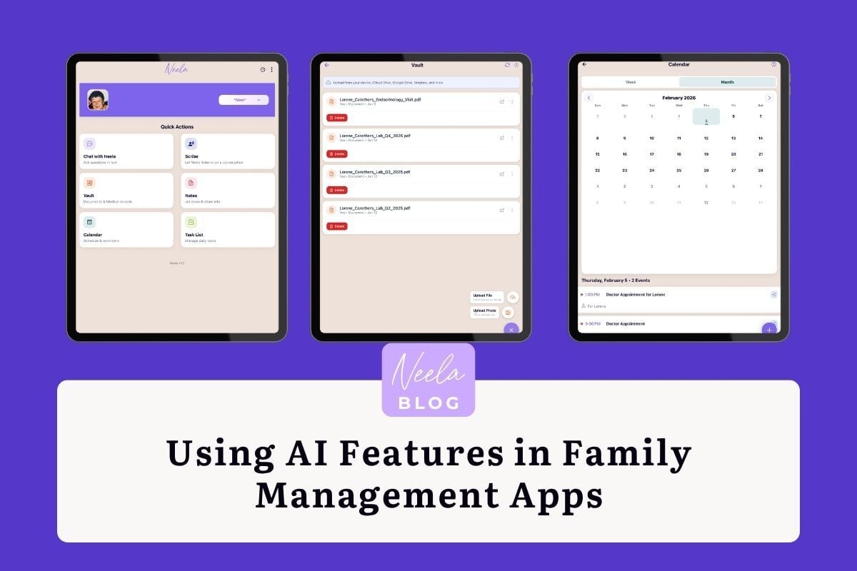 Promotional graphic on a purple background showing three tablet app screens above a white rounded text panel. The screens display a dashboard, a document vault, and a calendar interface for the Neela app. Centered below them is a small lavender label reading “Neela Blog,” followed by the headline: “Using AI Features in Family Management Apps.”