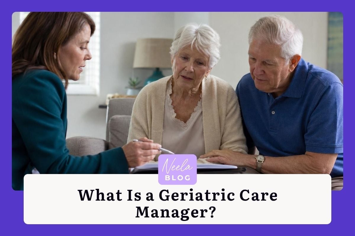 Professional woman in a teal blazer reviewing paperwork with an elderly couple in a bright living room.