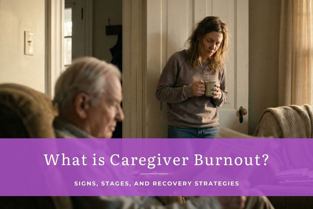 Tired caregiver holding a coffee mug while supporting an older adult at home, illustrating the emotional and physical strain that can lead to caregiver burnout.