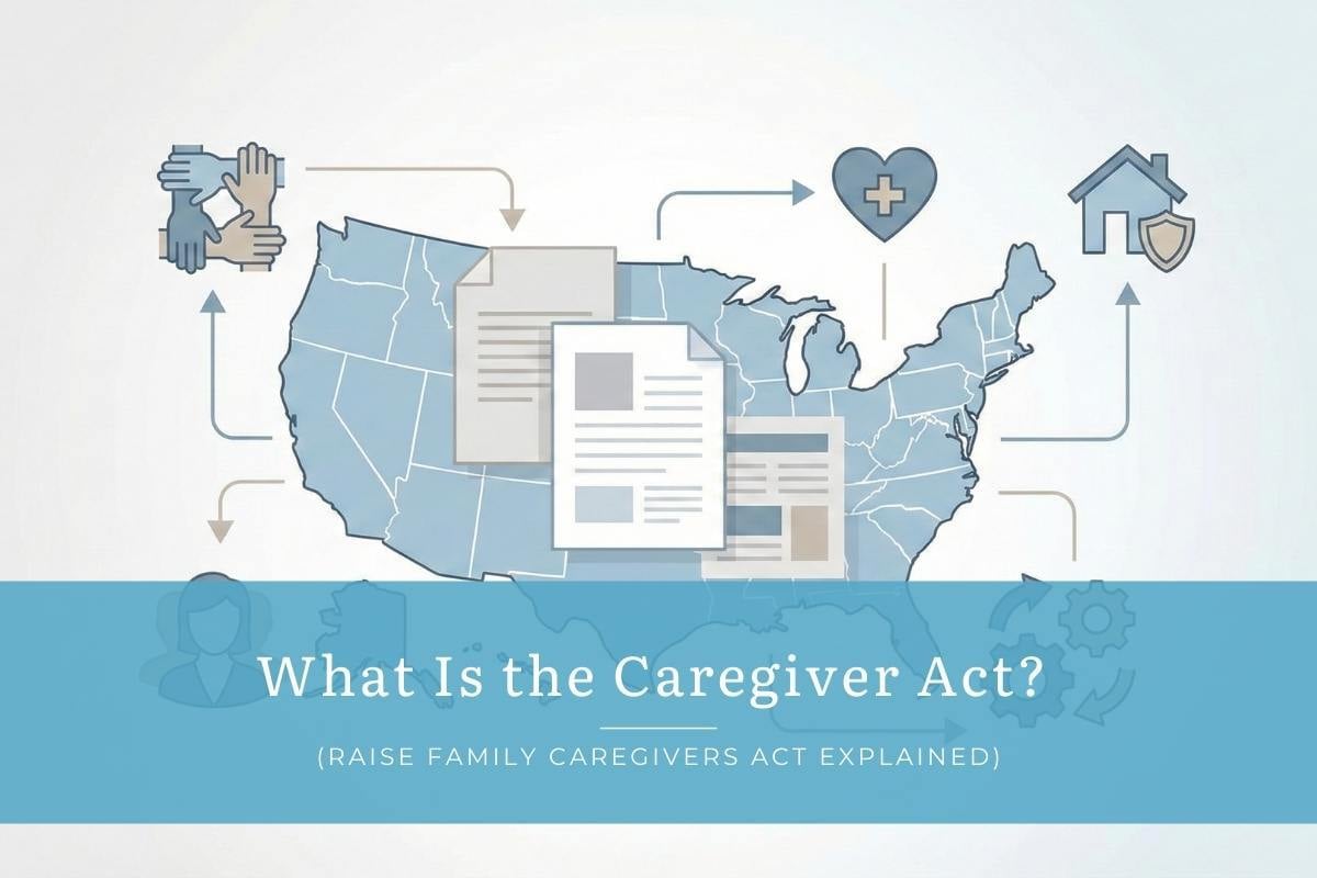Illustration of the United States map with layered document icons and symbols representing caregiving, health support, and home care, used to explain the RAISE Family Caregivers Act.