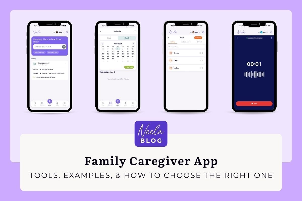 Four smartphone screens show the Neela family caregiver app with quick actions, a shared task list, a document vault for medical records, and a “Listen” feature, above the title “Family Caregiver App: Tools, Examples, and How to Choose the Right One.