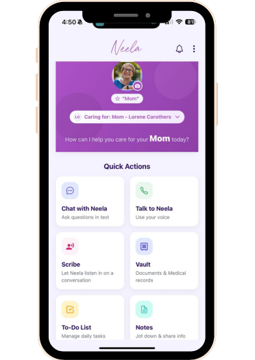 Neela mobile app home screen showing quick actions like Scribe, Talk to Neela, Notes, Vault, and To Do List