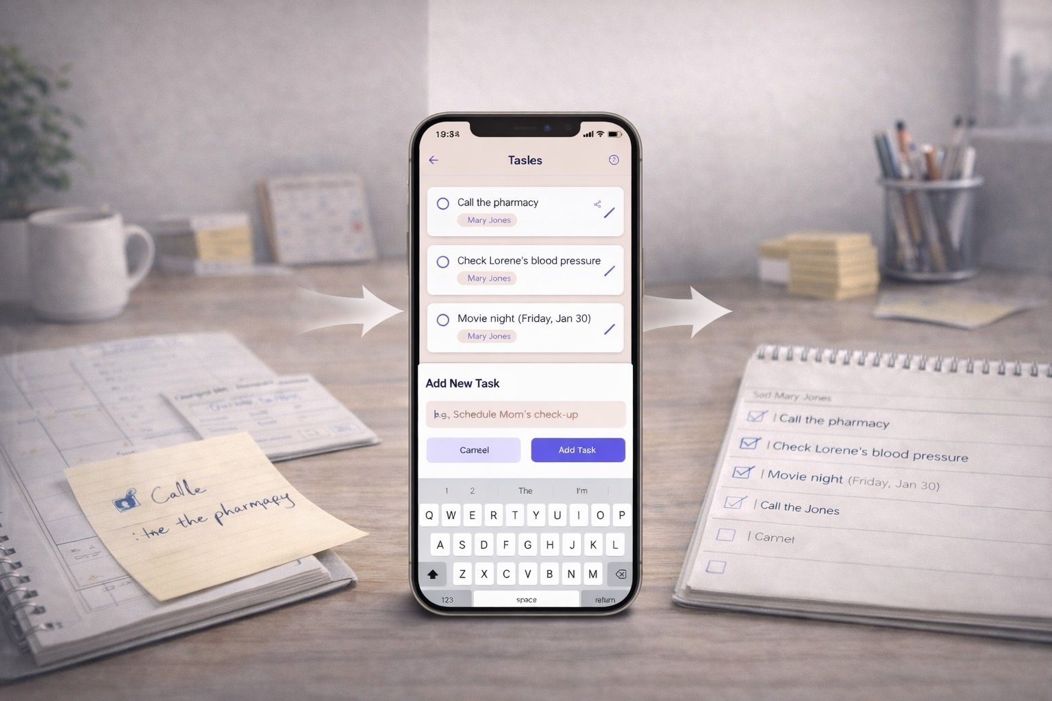 Neela’s Tasks feature showing a caregiving task list, with reminders like calling the pharmacy and checking blood pressure organized in one place