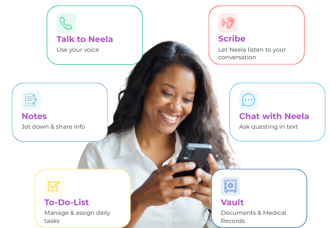 Caregiver looking at phone while Neela’s AI features appear around her, representing tools for managing daily caregiving tasks.