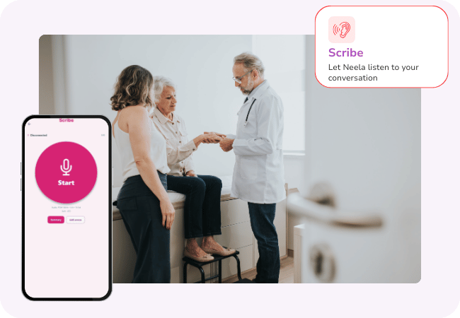 Caregiver and older adult meeting with a doctor while Neela uses Scribe to summarize the appointment.