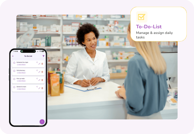 Caregiver discussing medications while Neela organizes tasks in a digital to-do list.