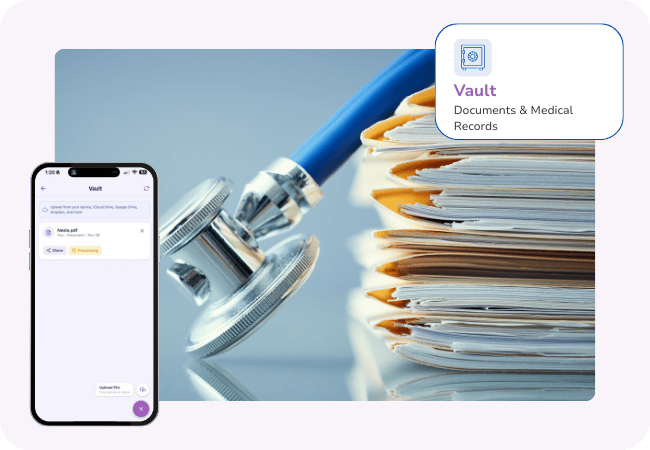 Stack of medical documents and paperwork as Neela’s Vault organizes and secures important information.