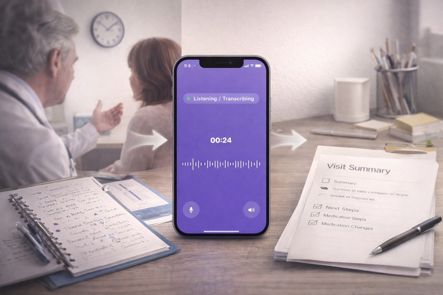 Neela Scribe listening to a doctor appointment and creating a structured visit summary with instructions and next steps.