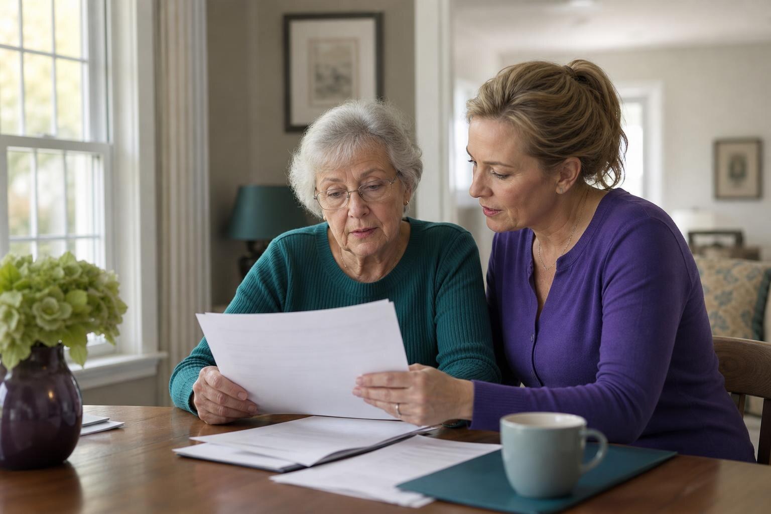 An adult daughter and her elderly mother sitting at a wooden table, focused on reviewing financial documents together in a bright living room.