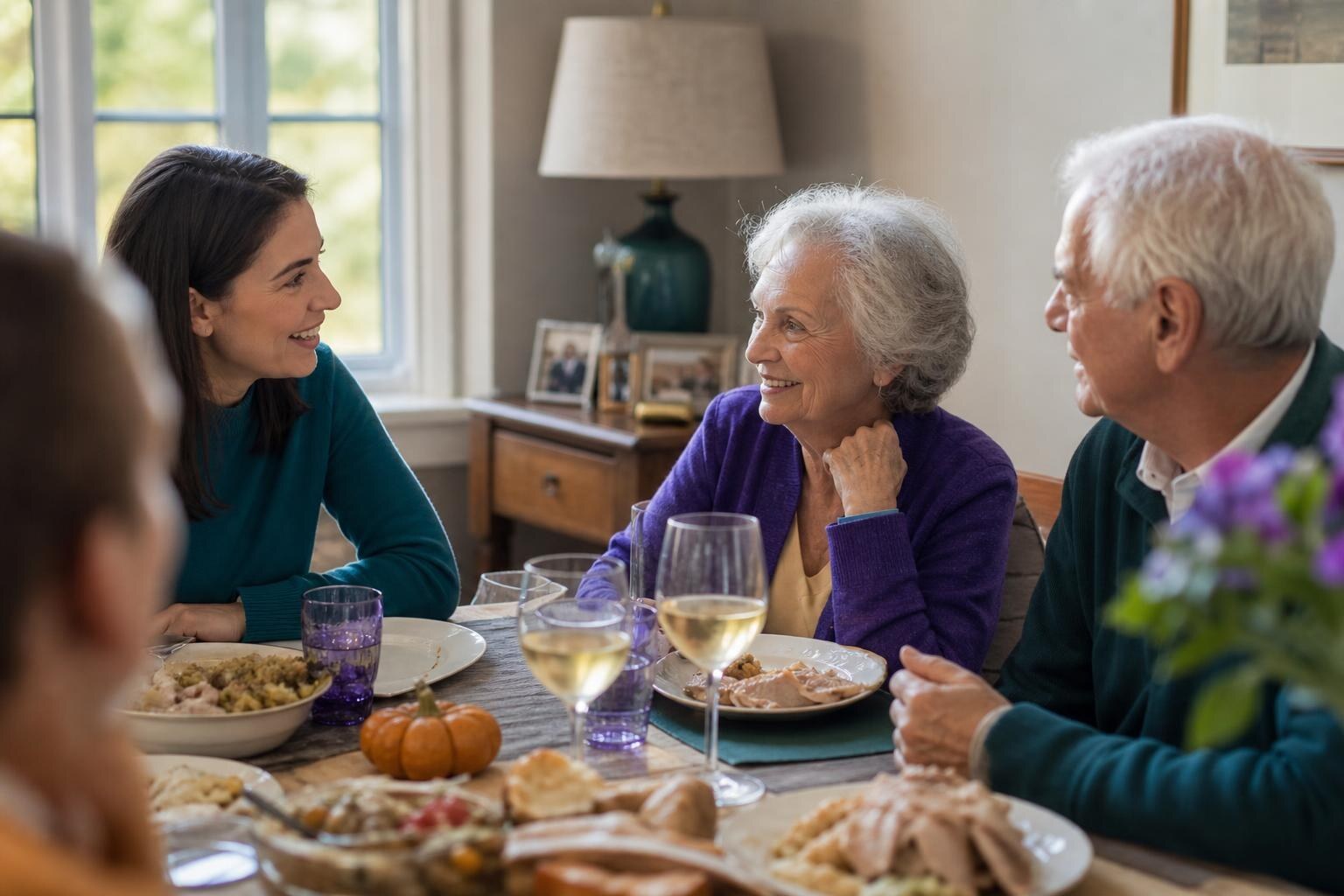 A young woman and an elderly couple smile and talk while sitting at a dining table set with a Thanksgiving meal and wine.