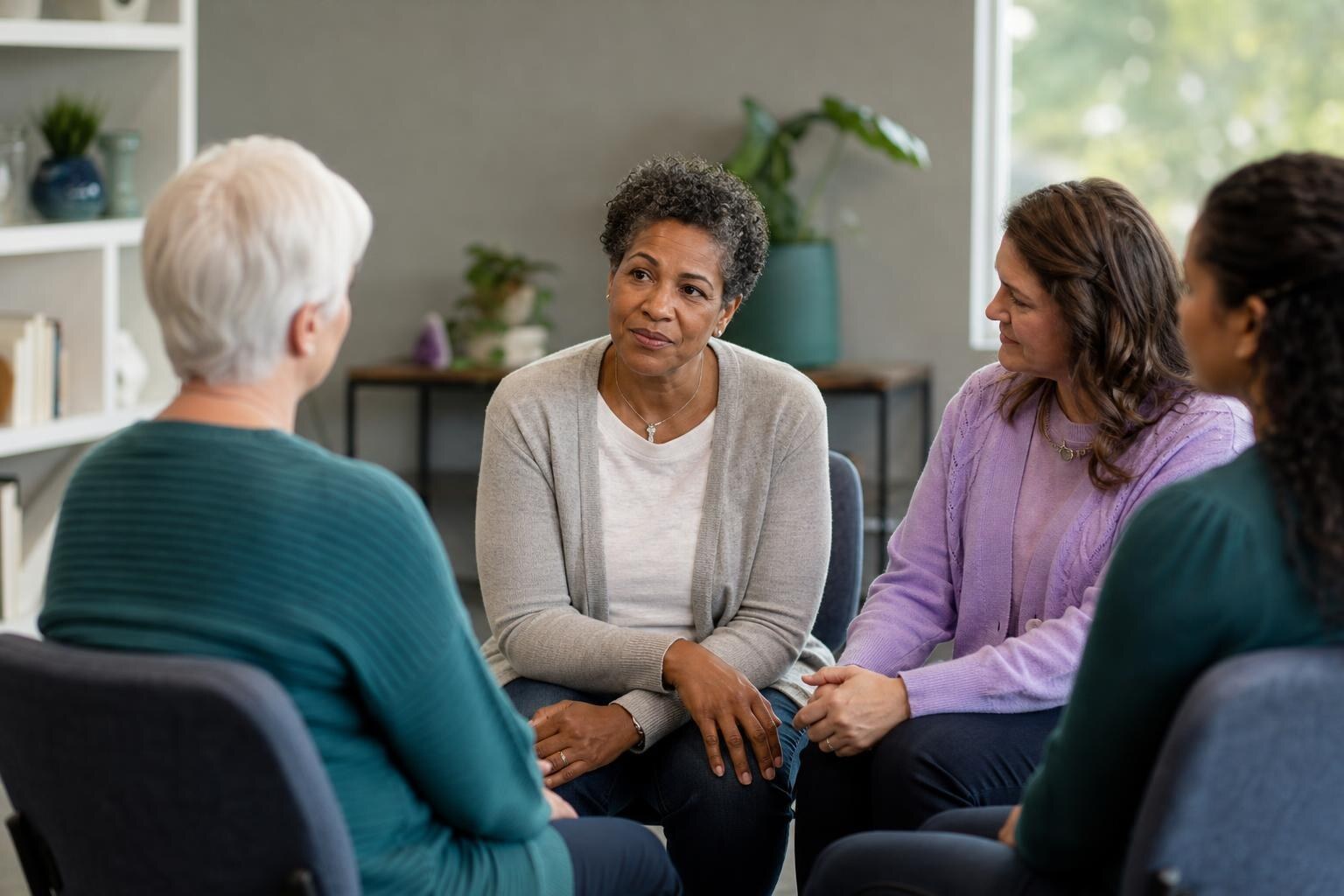 Diverse group of women sitting in a circle, listening intently to one another during a supportive group discussion in a bright, modern room.